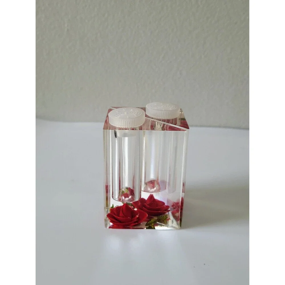 Vintage Clear Lucite Salt and Pepper Shakers Reverse Carved Red Roses Bircraft